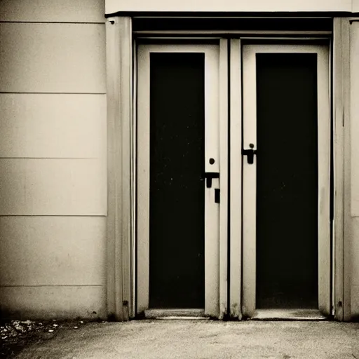 Prompt: a doorway in a dark room with a grungy chromatic gradient of light coming out of the doorway. The door to the doorway is partially closed. Light and dark with an interested color scheme.