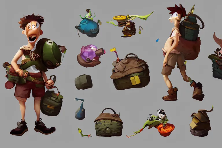 Prompt: a cartoony adventure bag, various items, in the style of Rayman origins, michael ancel, Ruan Jia and Mandy Jurgens and Greg Rutkowski, trending on Artstation, award winning, unreal engine, octane render H 1024