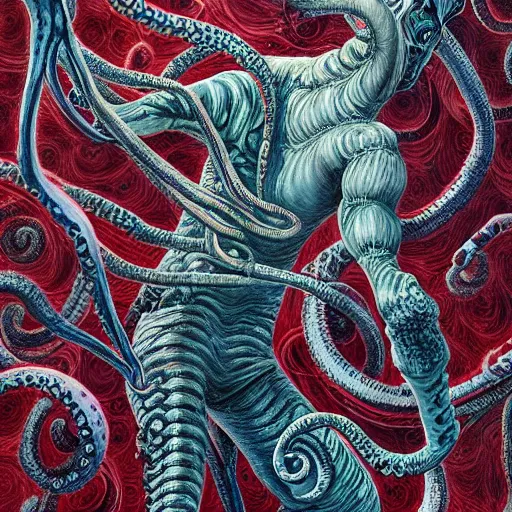 Prompt: full body shot of a man with a tentacle arms by junji ito and james jean and esao andrews, 4 k, hyperdetailed, hyperrealistic, trending on artstation, pencil art on paper, horror, dramatic lighting