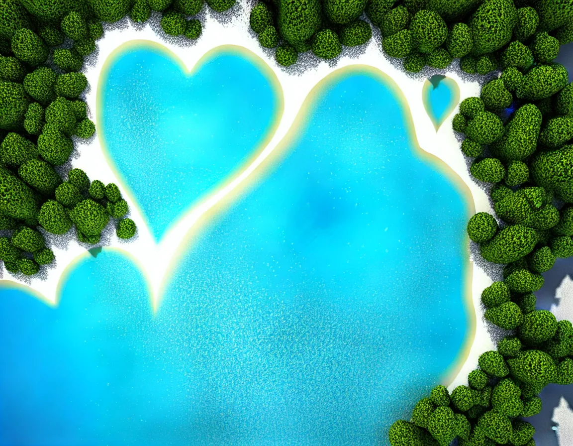 Prompt: telephoto shot of 3 d rendered realistic exotic tree heart / shaped sandy beach island with blue lagoon, sunset lighting with fluffy clouds over horizon