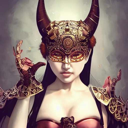 Prompt: a beautiful young japanese natalie portman alluring instagram model in crop top, wearing an intricate armor headpiece yokai mask with horns made from shiny wet latex by guweiz and wlop and ilya kuvshinov and artgerm symmetrical eyes, aesthetic, gorgeous, stunning, alluring, attractive, artstation, deviantart, pinterest, digital art