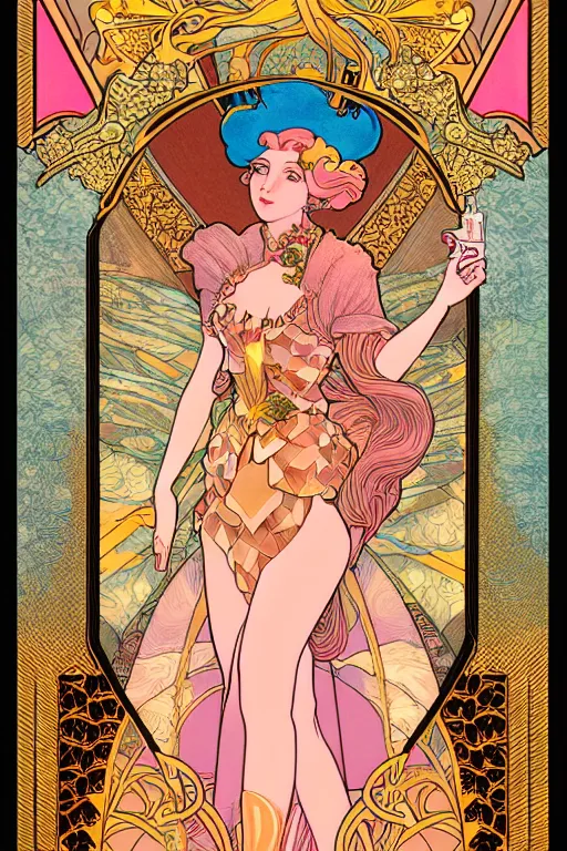 Image similar to full length portrait of princess peach art nouveau, tarot card by mucha, gaudy colors, sharp edges, octane render, intricate linework.