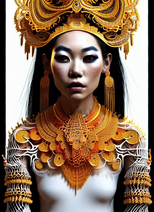 Image similar to absurdly beautiful young thai woman with symmetrical white makeup, wearing an intricate headdress made from bones, wearing large earrings made from white bones, hyperdetailed illustration by irakli nadar and alexandre ferra, intricate linework, in the style of a national geographic portrait, unreal engine 5 highly rendered, global illumination, radiant light, detailed and intricate environment