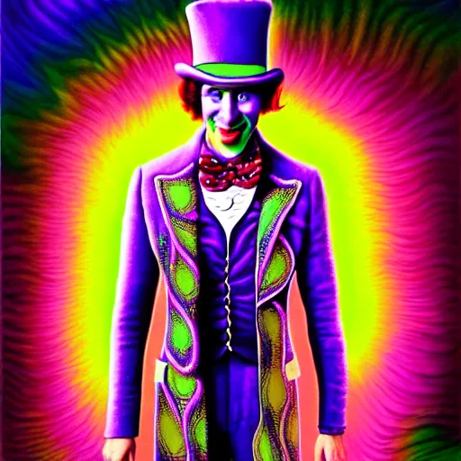 Image similar to An extremely psychedelic illustration of willy wonka in neon psychedelic tuxedo, surreal, LSD, face, detailed, intricate, elegant, lithe, highly detailed, digital painting, artstation, concept art, smooth, sharp focus, illustration, art by Jason Edmiston