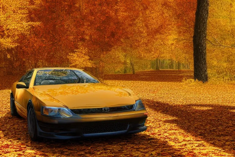 Prompt: 3 0's car parked in an autumn forest near a cosy wooden house, golden leaves, golden hour. detailed digital art, behance, artstation, masterpiece