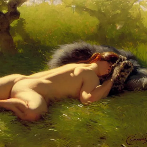 Prompt: a portrait of a furry mutant sleeping on the grass. highly detailed painting by gaston bussiere, craig mullins, j. c. leyendecker, furry