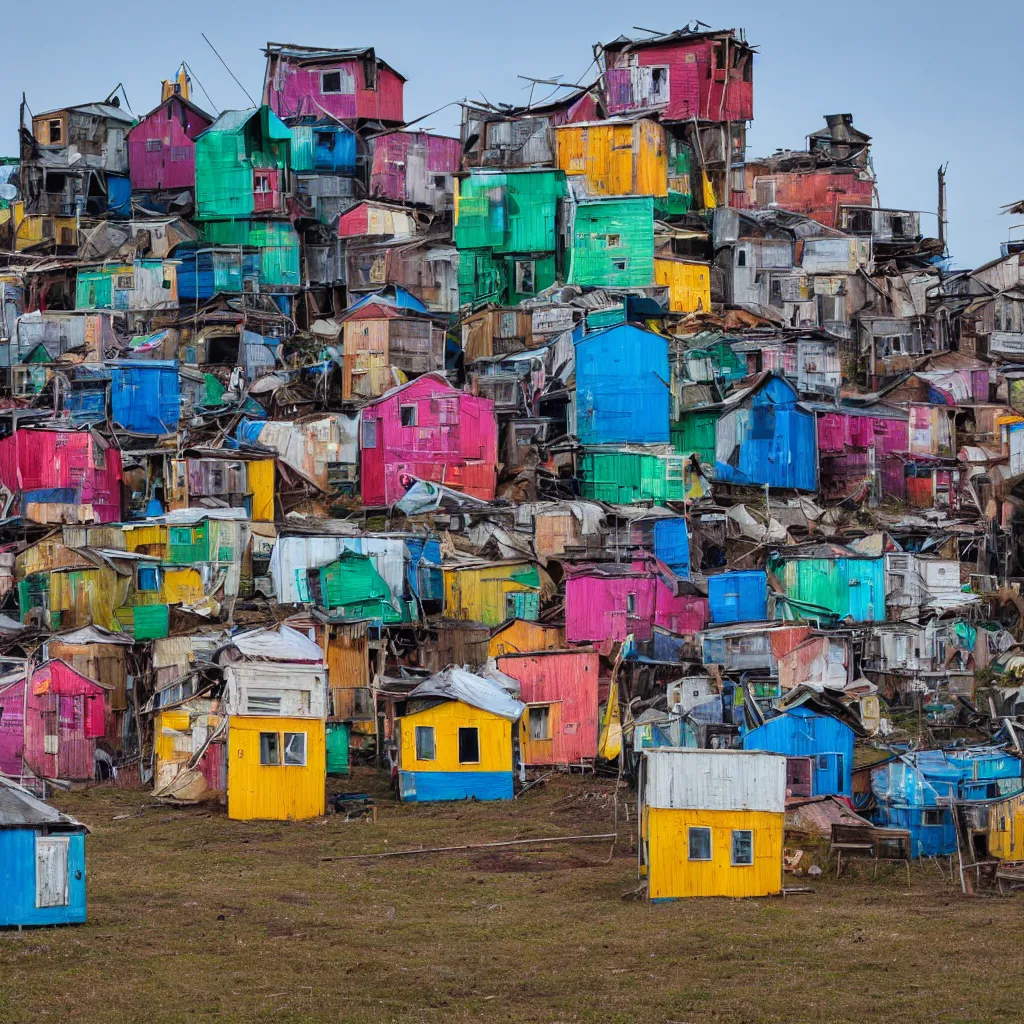 Prompt: a tower made up of colourful makeshift squatter shacks of different sizes, dystopia, sony a 7 r 3, f 1 1, fully frontal view, photographed by jeanette hagglund, ultra detailed,