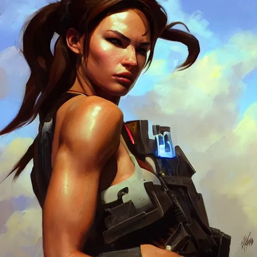 Image similar to greg manchess portrait painting of partially armored lara croft as overwatch character, close - up shot, asymmetrical, profile picture, organic painting, sunny day, matte painting, bold shapes, hard edges, street art, trending on artstation, by huang guangjian and gil elvgren and sachin teng