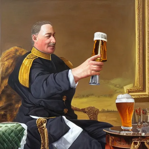 Image similar to A detailed oil painting of a majestic emperor toasting with a large beer mug by John Parrot and Robert Lefevre