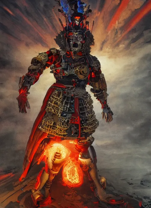 Image similar to portrait of a diabolical cyborg clown samurai with a flamethrougher, wearing burning torn cape, dynamic pose, glowing eyes, ancient ruins, glowing veins subsurface scattering, in clouds, sunset, portrait, by gerald brom, by mikhail vrubel, by peter elson, muted colors, extreme detail, reflections, trending on artstation, 8 k