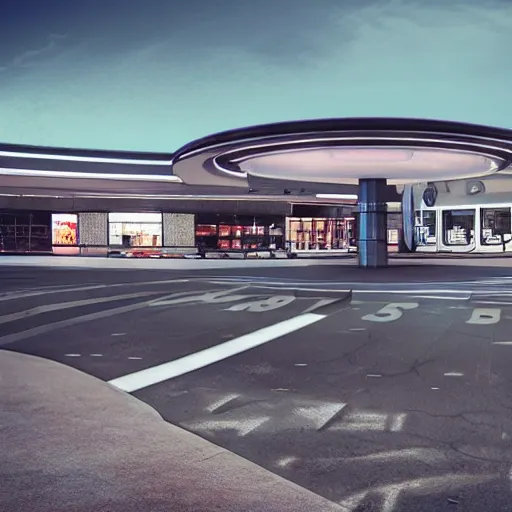 Prompt: an alien spaceship landing in an empty shopping mall parking lot, hyper realistic, photorealistic