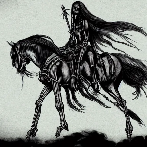 Image similar to long black hair vampire lord riding a skeletal horse, illustration, concept art