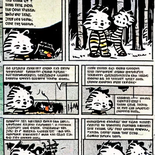 Image similar to calvin and hobbes got really dark all of a sudden. newspaper strip from the 1 9 8 0 s