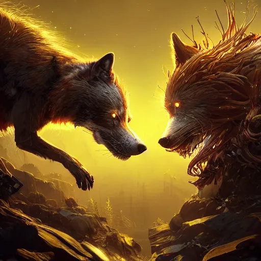 Image similar to a beautiful photograph of a biopunk wolf and a biopunk fox fight. intricate, epic lighting, cinematic composition, hyper realistic, 8 k resolution, unreal engine 5, by artgerm, tooth wu, dan mumford, beeple, wlop, rossdraws, james jean, marc simonetti, artstation