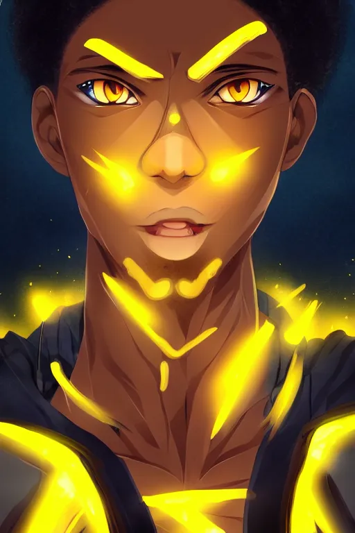 Prompt: glowing black male anime character, golden hair, yellow eyes, symmetrical, face picture, portrait, highly detailed, digital art, sharp focus, trending on art station, samurai, electricity superpowers, anime art style