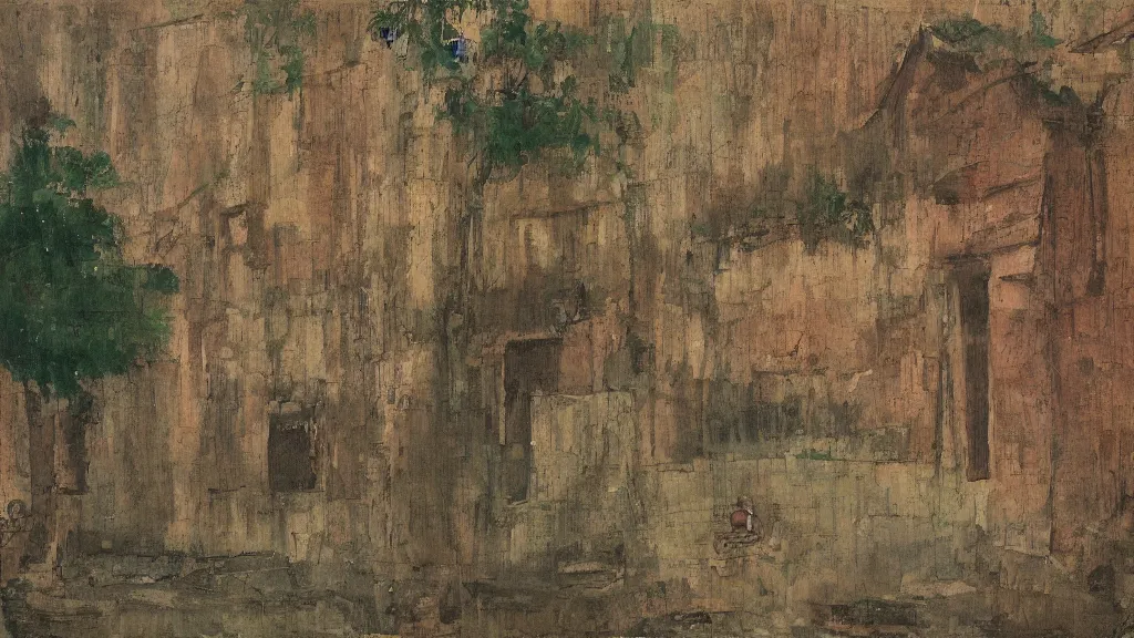 Image similar to a chinese prison near a river by peter doig, muted colors