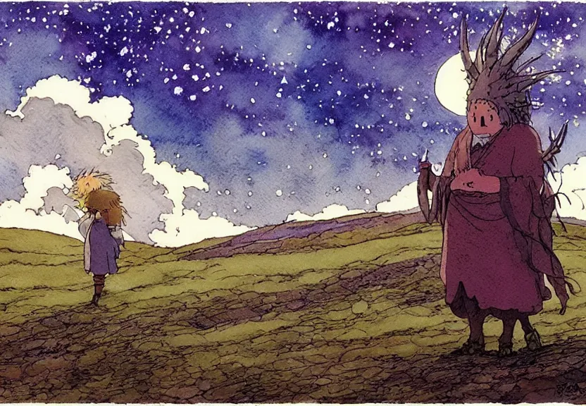 Prompt: a simple watercolor studio ghibli movie still fantasy concept art of a giant shaman from howl's moving castle ( 2 0 0 4 ) on the moors of ireland. it is a misty starry night. by rebecca guay, michael kaluta, charles vess