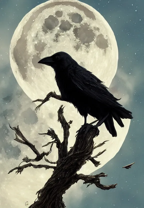 Image similar to crow on tree in front of the full big moon, highly detailed, digital painting, artstation, concept art, smooth, sharp focus, illustration, Unreal Engine 5, 8K, art by artgerm and greg rutkowski and alphonse mucha