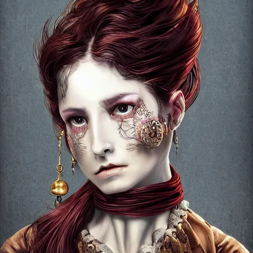 Image similar to portrait of a Shibari rope wrapped face and neck, headshot, insanely nice professional hair style, dramatic hair color, digital painting, of a old 15th century, roman soilder, amber jewels, baroque, ornate clothing, scifi, realistic, hyperdetailed, chiaroscuro, concept art, art by Franz Hals and Jon Foster and Ayami Kojima and Amano and Karol Bak,