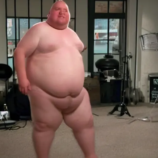 Image similar to a photo of an exciting white male that's overweight. there's something about him woman are attracted to. he is in a music video.