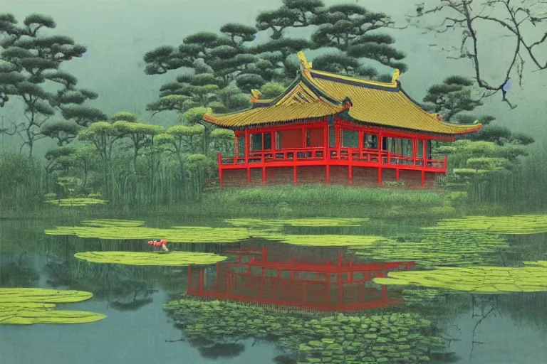 Prompt: a two - floor traditional chinese wood house in a serene landscape, waterlily pond, chinese shanshui painting, bright color