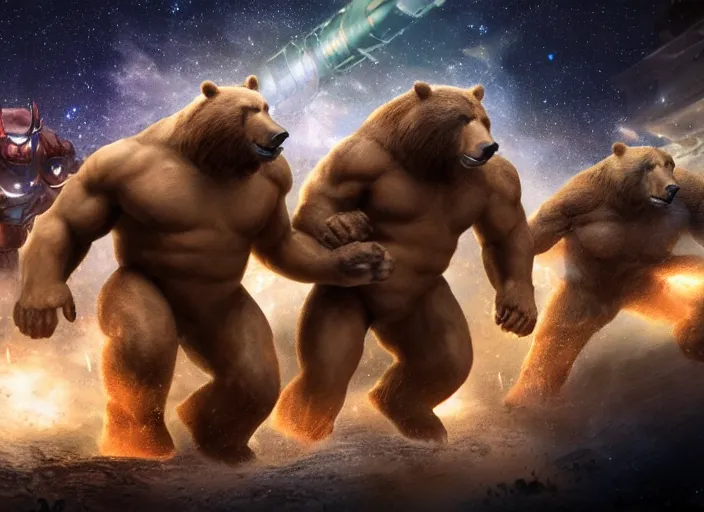 Image similar to photo of muscular bears, playing intergalactic championship versus chitauri. Highly detailed 8k. Award winning.