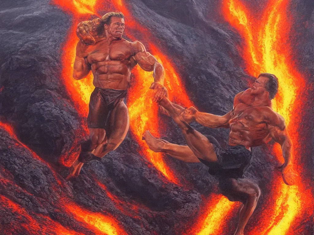 Image similar to detailed portrait of an arnold schwarzenegger surfing on lava by boris vallejo, volcano eruption on the background, stunning scene, 8 k, digital painting, hyperrealism, bright colors, trending on artstation