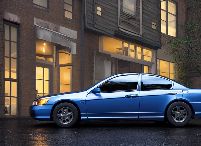 Image similar to blue 2 0 0 3 honda accord parked near a grey brick garage at sunrise, oil! puddle! under car, concept art, octane render, unreal engine 5, trending on artstation, high quality, 8 k, soft lighting, path traced, hyperrealistic, highly detailed, digital art, symmetrical, cinematic, high coherence, godrays