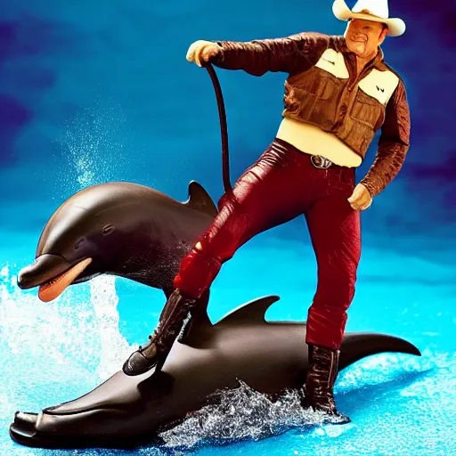 Image similar to john wayne riding a dolphin. action figure by hot toys. studio lighting.