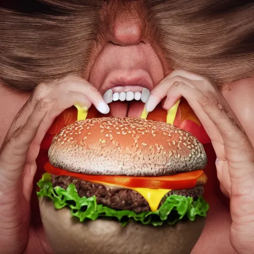 Image similar to photo still of donald trump! licking! a burger with his! tongue! out, mmmmm, moist, studio portrait photo, studio lighting, rim light, key light, food photography, 3 5 mm f 1. 8