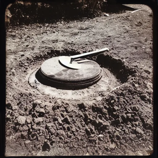 Prompt: a vinyl disc on a hole in the ground, with a shovel next to it, polaroid shot