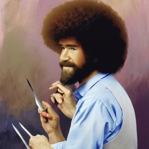 Prompt: bob ross painting with a knife