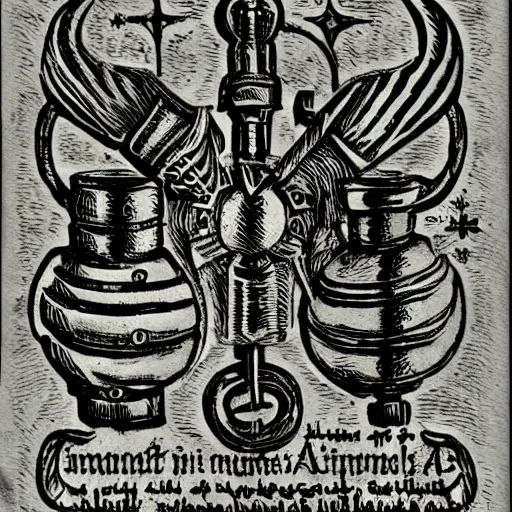 Prompt: sledgehammer iconography engraving ornaments alchemy ink