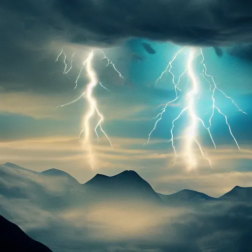 Prompt: two spinning tops clashing atop of a mountain, sparks, lightning storm, dramatic lightning, hyperrealistic digital art, 8 k, trending on artstation,