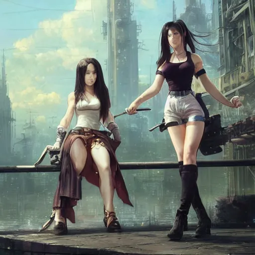 Image similar to a painting of tifa lockhart and aerith gainsborough from final fantasy 7, the midgard steam punk city as backdrop, by greg rutkowski, artgerm, wlop, ruan jia, krenz cushart, alphonse mucha, rain, unreal engine 5