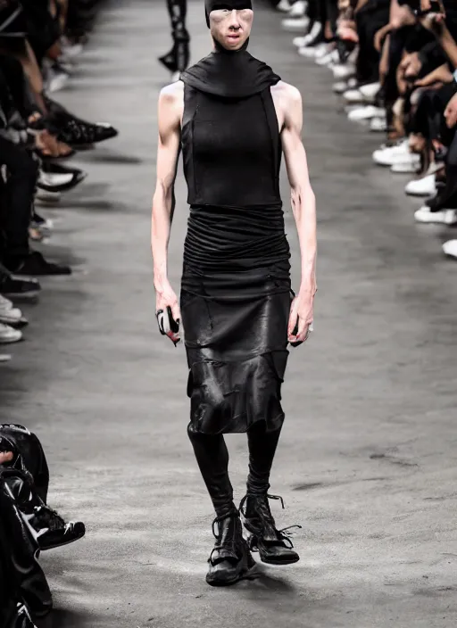 Image similar to hyperrealistic and heavy detailed rick owens avant garde runway show of batman, leica sl 2 5 0 mm, vivid color, high quality, high textured, real life