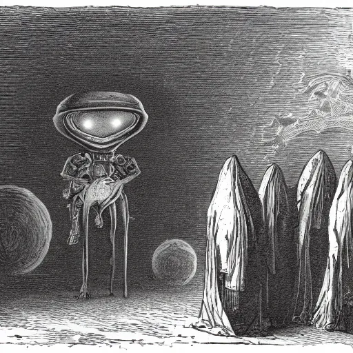 Image similar to eerie space alien talking to a group of people in front of a space ship in an ancient village in a Gustave Dore art style, grunge, matte