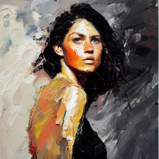 Image similar to highly detailed palette knife oil painting of a young woman by Peter Lindbergh, impressionistic brush strokes, painterly brushwork