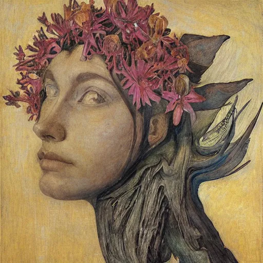 Image similar to facemask made of flowers, by annie swynnerton and jean delville and edward hopper and evelyn de morgan and rufino tamayo, dark flower shaman, art brut, outsider art, symbolist, dramatic lighting, god rays, elaborate geometric ornament, clean crisp graphics, smooth sharp focus, extremely detailed, adolf wolfli