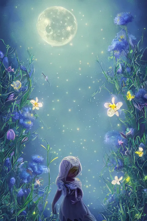 Prompt: beautiful digital matter cinematic painting of whimsical botanical illustration blue flowers moon fireflies tenchanted dark background, whimsical scene by greg rutkowki artstation