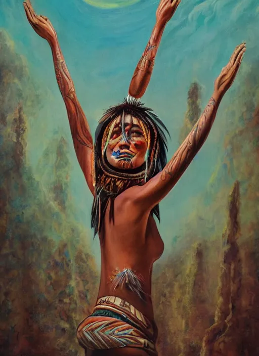 Prompt: a beautiful painting of an indigenous woman, holding up her arms to the sky, seen from behind, full body, matte painting, fantasy art, ayahuasca, highly detailed