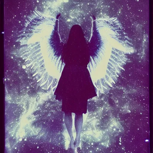 Image similar to a lost female angel glaring into your eyes, deep cosmic eyes, wide long wings made from dark cosmic nebulas, realistic photograph, polaroid pic by horror