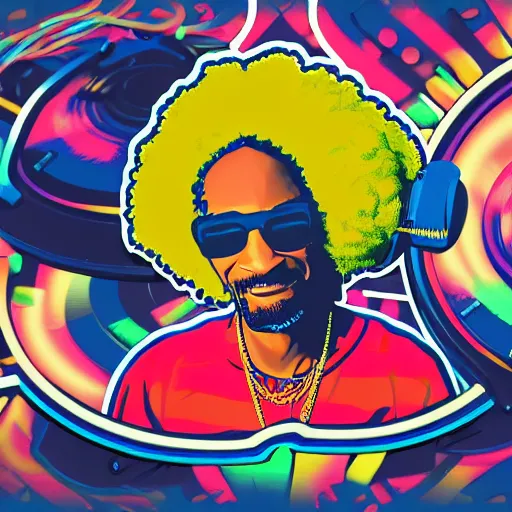 Prompt: svg sticker of a Dancing-Ben-Harper-Snoop-Spike-Lee-with-a-large-Afro-Puff, at a rave, spinning records, giant headphones rocking out, wearing headphones, huge speakers, dancing, rave, DJ, spinning records, digital art, amazing composition, rule-of-thirds, award-winning, trending on artstation, featured on deviantart