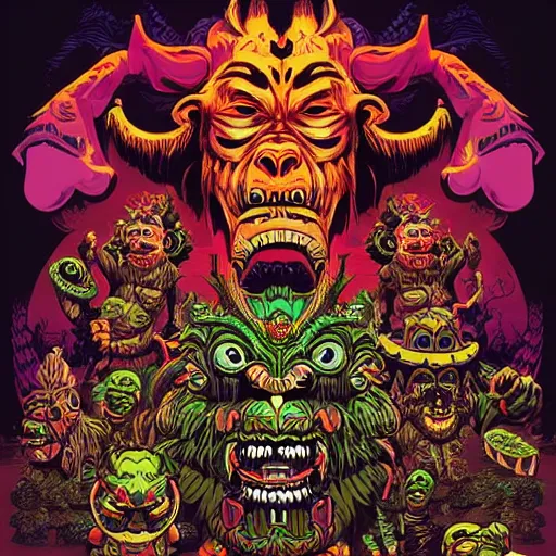 Image similar to barong family, wiwek, mara demon, one single tribe member, jungle, one single mask, dark, ancient warrior, stupid dump gorilla, tribal, inner glow, art by dan mumford and justin gerard