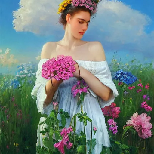 Image similar to a portrait of a romantic woman with flowers grow out of hair, roses peonies forget-me-nots dahlias lupins gladioli, sky theme in background, by Alexandr Averin, Digital Art, Trending on artstation