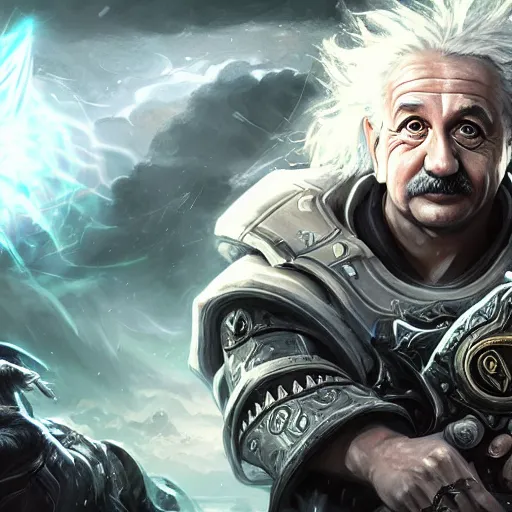 Image similar to Portrait of Albert Einstein as a spellcaster, League of Legends amazing splashscreen artwork, Gears of War, splash art,natural light, elegant, photorealistic facial features, intricate, fantasy, detailed face, atmospheric lighting, anamorphic lens flare, cinematic lighting, league of legends splash art, hd wallpaper, ultra high details by Greg rutkowski