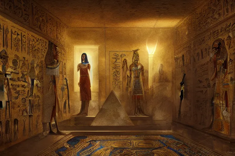 Image similar to egyptian tomb interior shiney gold and obsidian, beautiful painting, david roberts, greg rutkowski, james gurney, artstation.