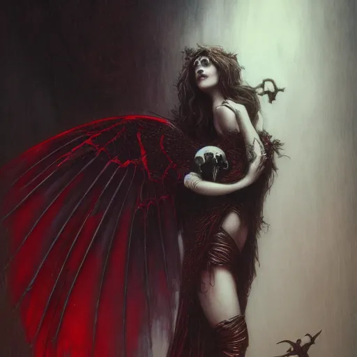 Prompt: gustave dore beautiful desirable vampire girl with ivory skull wings with some crimson, black background, beautifully lit, hyperdetailed, lighting, featured on artstation, by james jean, moebius, cory loftis, craig mullins, rutkowski, mucha klimt and tom bagshaw, 4 k, micro details