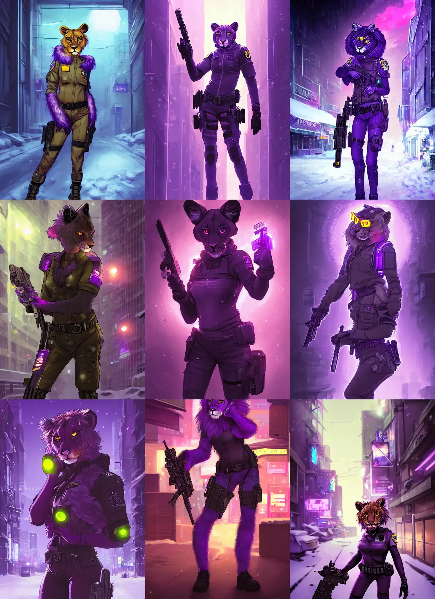 Prompt: beautiful furry art portrait commission of a female furry anthro lioness fursona wearing a tactical swat uniform in the streets of a cyberpunk city at night in the snow. purple and yellow neon light. character design by charlie bowater, ross tran, artgerm, and makoto shinkai, detailed, inked, western comic book art