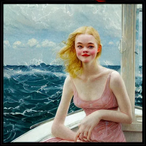 Prompt: Painting of Elle Fanning on a boat during a storm, long blonde hair, delicate, pale milky white porcelain skin, by Norman Rockwell and Edward Hopper. Extremely detailed.